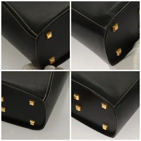Salvatore Ferragamo Hand Bag Leather Black Gold Auth